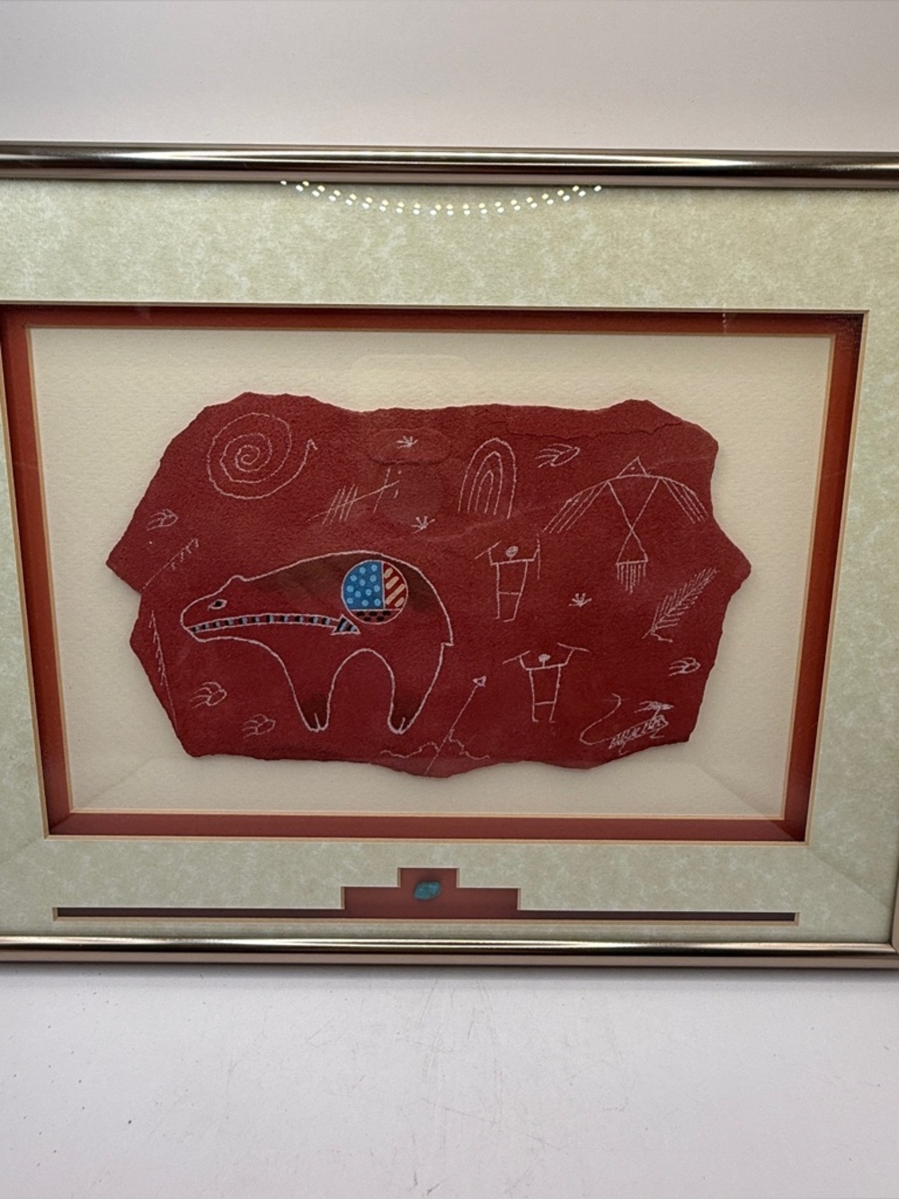 Signed Framed Larry Beck Native American Petroglyph Style Wall Art Rock